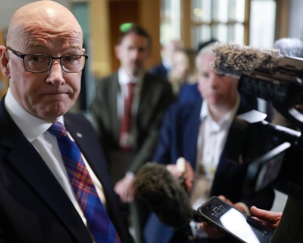 First Minister John Swinney speaks to the media following FMQs at the Scottish Parliament Building a week before the appearance of the journalists' pen (Photo by Jeff J Mitchell/Getty Images)