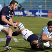 Guido Petti of Argentina is tackled during the Pumas' win over Scotland. (Photo by Daniel Jayo/Getty Images)