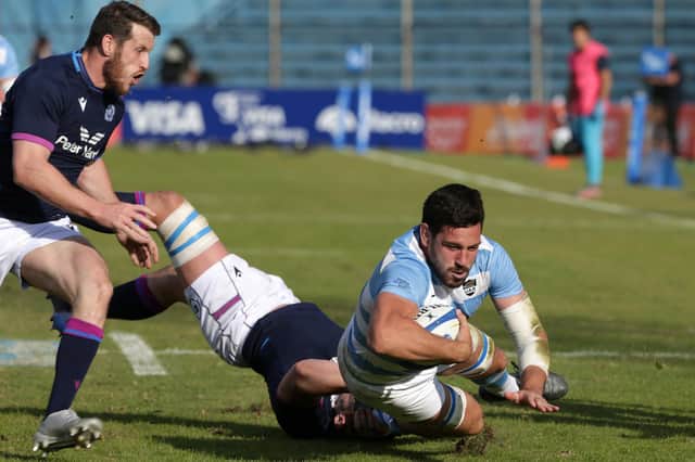Guido Petti of Argentina is tackled during the Pumas' win over Scotland. (Photo by Daniel Jayo/Getty Images)