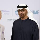 King Charles III meets with Mohammed bin Zayed Al Nahyan, president of the United Arab Emirates - which holds the Cop28 presidency - at Expo City in Dubai on the opening day of the UN climate summit. Picture: Andrew Matthews/Getty Images