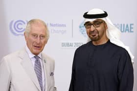 King Charles III meets with Mohammed bin Zayed Al Nahyan, president of the United Arab Emirates - which holds the Cop28 presidency - at Expo City in Dubai on the opening day of the UN climate summit. Picture: Andrew Matthews/Getty Images