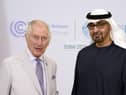 King Charles III meets with Mohammed bin Zayed Al Nahyan, president of the United Arab Emirates - which holds the Cop28 presidency - at Expo City in Dubai on the opening day of the UN climate summit. Picture: Andrew Matthews/Getty Images