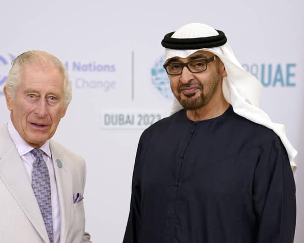 King Charles III meets with Mohammed bin Zayed Al Nahyan, president of the United Arab Emirates - which holds the Cop28 presidency - at Expo City in Dubai on the opening day of the UN climate summit. Picture: Andrew Matthews/Getty Images