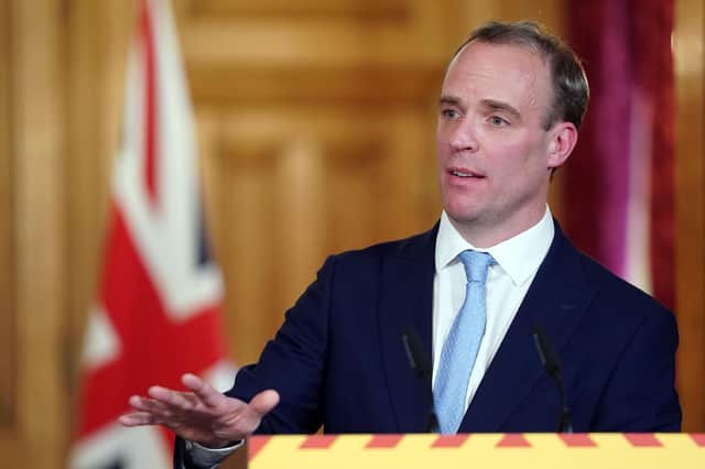 Foreign Secretary Dominic Raab speaking during a remote press conference to update the nation on the Covid-19 pandemic