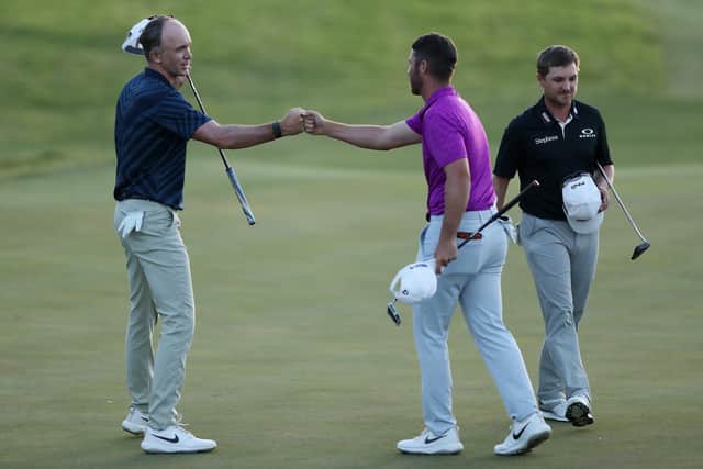 Martin Laird is congratulated by Matthew Wolff after winning the play-off in the Shriners Hospitals For Children Open at TPC Summerlin. Picture: Matthew Stockman/Getty Images