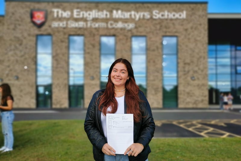 Rose Allen with her A-level results at English Martyrs School on Tuesday Morning.