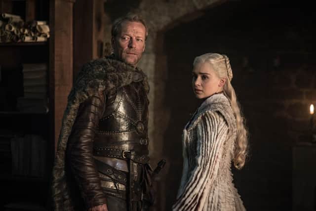 Iain Glen as Jorah Mormont and Emilia Clarke as Daenerys Targaryen in Game of Thrones, 2019. Pic: HBO/BSkyB/Kobal/Shutterstock