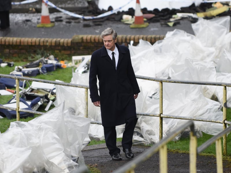 Colin Firth on set in Bathgate during filming for an upcoming Sky series about the Lockerbie bombing