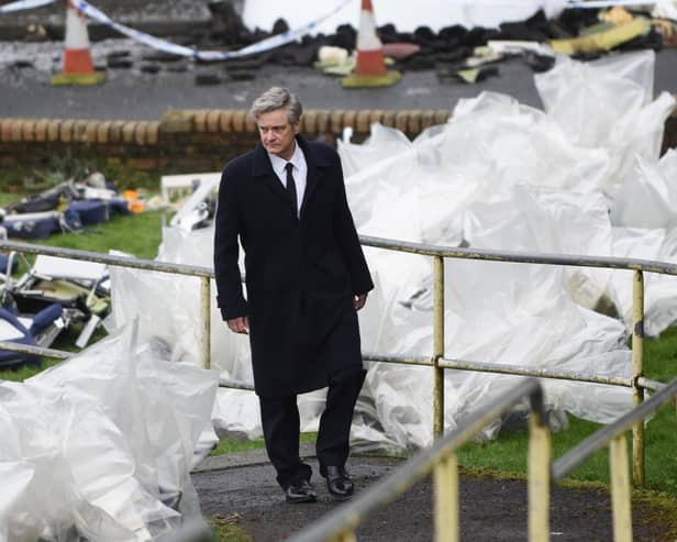 Colin Firth on set in Bathgate during filming for an upcoming Sky series about the Lockerbie bombing