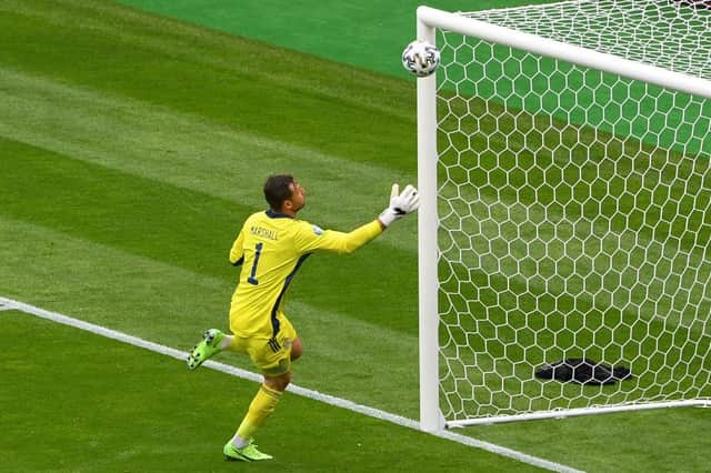 Scotland's goalkeeper David Marshall watches Czech Republic's Patrik Schick's second goal sail into the net during the UEFA EURO 2020 Group D football match between Scotland and Czech Republic at Hampden Park in Glasgow on June 14, 2021.  (Photo by ANDY BUCHANAN/POOL/AFP via Getty Images)