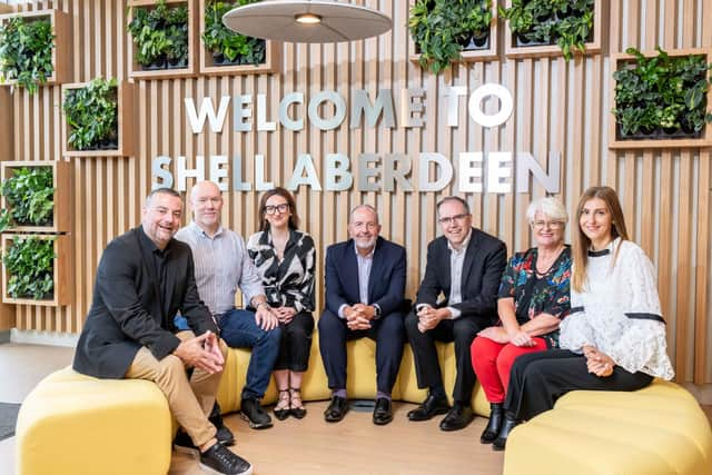 Pictured at Shell’s Aberdeen headquarters, left to right: John Raine, Corporate Relations (Shell), Andy Campbell, Commercial Director (Elevator), Louise Kettle, Marketing & Communications Co-ordinator (Elevator), Professor Gary McEwan, CEO (Elevator), Simon Roddy, Senior Vice President Upstream (Shell), Karen Clark, Programme & Events Operations Manager (Elevator) and Sireen Adwan, Programme Manager (Elevator). Picture by Michal Wachucik/Abermedia