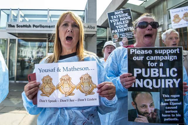 Jules Rose, lead campaigner and the very last patient Professor Sam Eljamel performed surgery on, demonstrates outside the Scottish Parliament. Picture: Lisa Ferguson