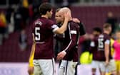 Peter Haring and Hearts manager Robbie Neilson console Liam Boyce at full time after the goalless draw with Ross County. (Photo by Sammy Turner / SNS Group)