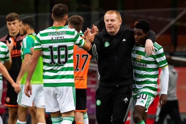 Neil Lennon celebrates with Jeremie Frimpong and Albian Ajeti at Tannadice, in August . (Photo by Alan Harvey / SNS Group)