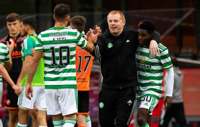 Neil Lennon celebrates with Jeremie Frimpong and Albian Ajeti at Tannadice, in August . (Photo by Alan Harvey / SNS Group)