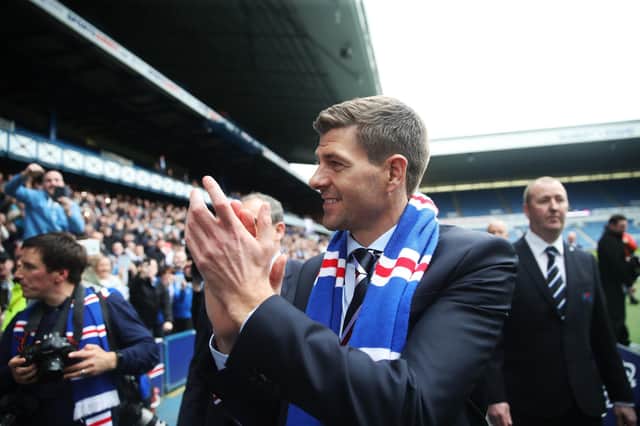 Steven Gerrard greets supporters at Ibrox on the day he was unveiled as Rangers manager in May 2018. (Photo by Ian MacNicol/Getty Images)
