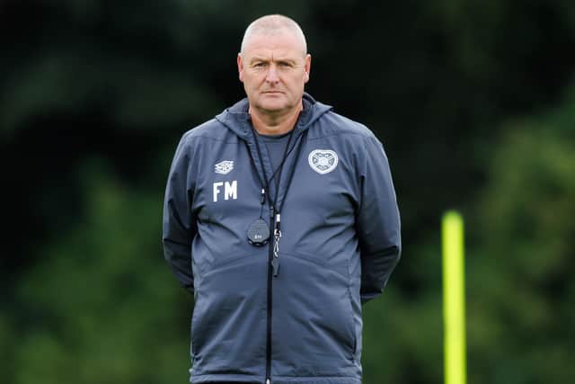 Hearts head coach Frankie McAvoy oversees a training session at the Oriam on Wednesday ahead of the trip to Norway. (Photo by Ross Parker / SNS Group)