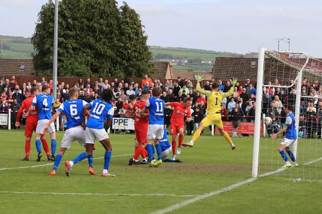 Dean Brett heads home Bonnyrigg's third goal against his former club. Picture: Joe Gilhooley LRPS