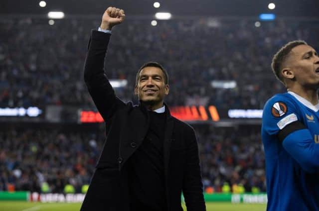 Rangers manager Giovanni van Bronckhorst celebrates after his team's 3-1 win over RB Leipzig in the Europa League semi-final, second leg match at Ibrox on Thursday night. (Photo by Craig Williamson / SNS Group)
