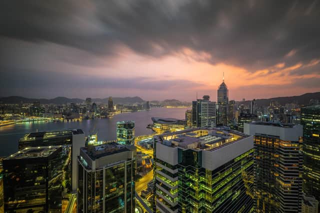 The view at dusk from Colin Heggie’s room at Island Shangri-La, Hong Kong. Pic: Colin Heggie/colin@seafieldstreet.co.uk