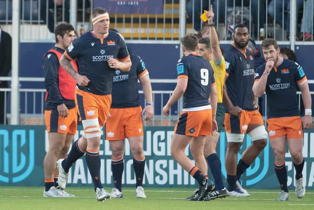 Edinburgh's Glen Young was shown a yellow card for a high tackle on Zebre winger Simone Gesi. (Photo by Paul Devlin / SNS Group)