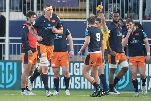 Edinburgh's Glen Young was shown a yellow card for a high tackle on Zebre winger Simone Gesi.  (Photo by Paul Devlin / SNS Group)