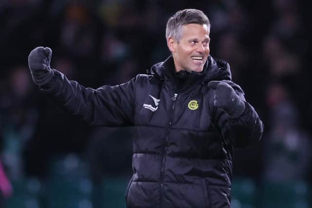 Bodo/Glimt manager Kjetil Knutsen celebrates his side's second goal during the 3-1 win at Celtic Park.  (Photo by Craig Williamson / SNS Group)