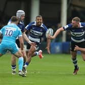 Finn Russell of Bath offloads during the Gallagher Premiership Rugby play-off semi-final against Sale Sharks at the Recreation Ground. (Photo by David Rogers/Getty Images)