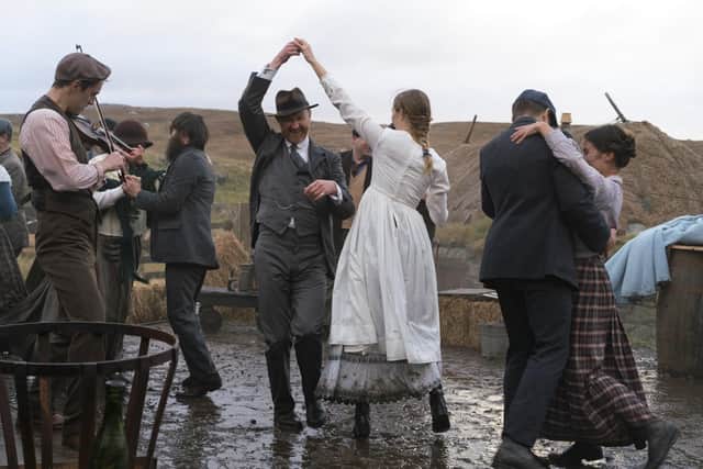 A street ceilidh scene in The Road Dance, the film based on the book by John MacKay, set on Lewis during the First World War.