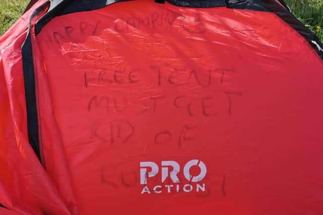A message was left on the side of the tent. Pic: Friends of the Pentlands