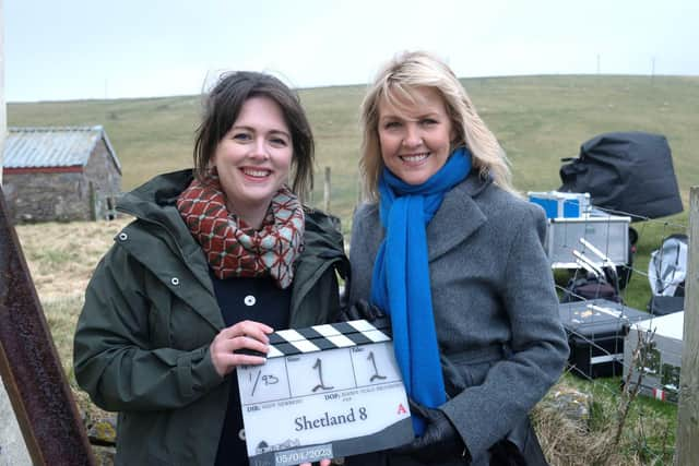 Alison O'Donnell and Ashley Jensen on the set of the new series of Shetland. Picture: Mark Mainz