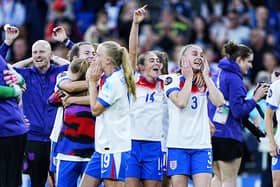 England celebrate winning the Women's Euro 2025 final at St Jakob-Park in Basel following a penalty shoot out win over Spain. (Photo by Peter Byrne/PA Wire)