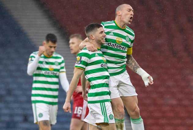 Scott Brown leaps on Ryan Christie as he goes wild over the attacker's sublime opener in the Scottish Cup semi-final that the Celtic captain believes set up a best 45 minutes in a year and a half (Photo by Alan Harvey / SNS Group)