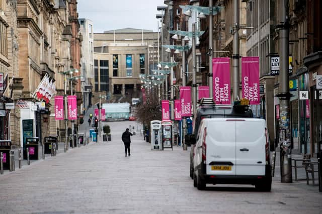 An almost empty Buchanan Street in the centre of Glasgow as people observe the spring lockdown. Picture: John Devlin