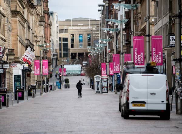 An almost empty Buchanan Street in the centre of Glasgow as people observe the spring lockdown. Picture: John Devlin