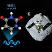 Undated handout image issued by Nature Communications journal of a conceptual image for sampling materials containing uracil and vitamin B3 on the asteroid Ryugu by the Hayabusa2 spacecraft. Uracil, a key molecule found in all living organisms, has been detected in a near-Earth asteroid. Issue date: Tuesday March 21, 2023.