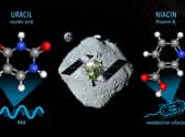 Undated handout image issued by Nature Communications journal of a conceptual image for sampling materials containing uracil and vitamin B3 on the asteroid Ryugu by the Hayabusa2 spacecraft. Uracil, a key molecule found in all living organisms, has been detected in a near-Earth asteroid. Issue date: Tuesday March 21, 2023.