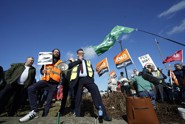 Labour MP for Kingston upon Hull East, Karl Turner (centre) speaks to protesters outside the Port of Hull,. Downing Street has said ministers have asked the Insolvency Service to investigate whether P&O complied with the notification requirements before making staff redundant.