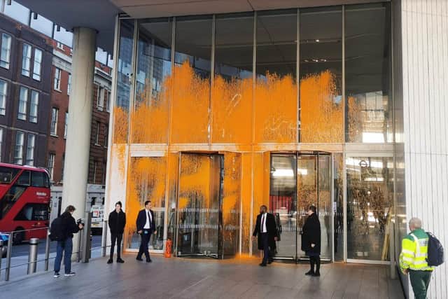Handout photo issued by Just Stop Oil of the the headquarters of News Corp in London which has been sprayed with paint by Just Stop Oil protesters. Picture date: Monday October 31, 2022.