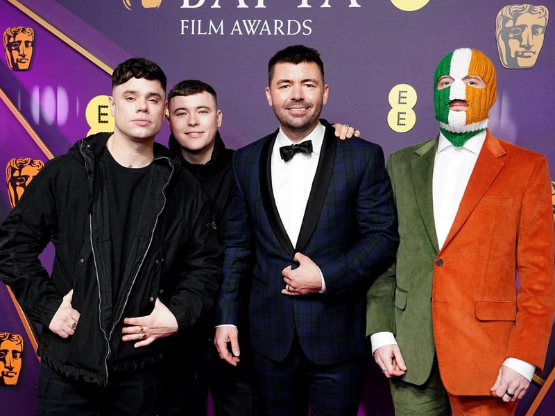 Mo Chara (Naoise O Caireallain), Moglai Bap (Liam Og O Hannaidh), Rich Peppiatt and DJ Provai of Kneecap attending the 78th British Academy Film Awards