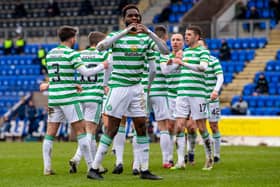 PERTH, SCOTLAND - FEBRUARY 14: Odsonne Edouard celebrates after scoring to make it 2-1  during a Scottish Premiership match between St Johnstone and Celtic at McDiarmid Park, on February 14, 2021, in Perth, Scotland. (Photo by Ross Parker / SNS Group)