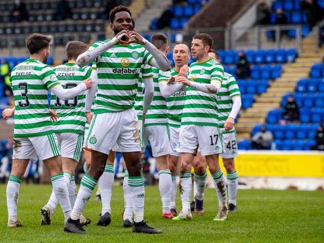PERTH, SCOTLAND - FEBRUARY 14: Odsonne Edouard celebrates after scoring to make it 2-1  during a Scottish Premiership match between St Johnstone and Celtic at McDiarmid Park, on February 14, 2021, in Perth, Scotland. (Photo by Ross Parker / SNS Group)