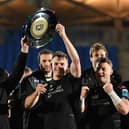 Glasgow Warriors' Kyle Steyn and Stafford McDowall lift the Italian-Scottish Shield for 2022-23 season after the club's win over Connacht at Scotstoun on April 22, 2023. (Photo by Ross MacDonald / SNS Group)