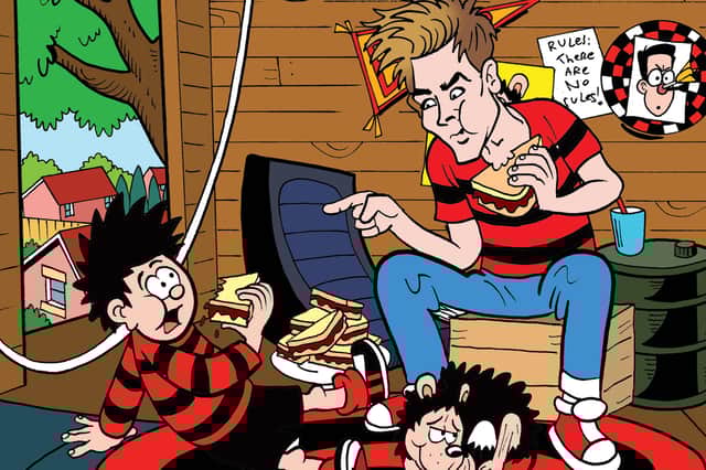 Joe Sugg with Dennis the Menace as the YouTuber and former Strictly Come Dancing star guest-edits a special Beano comic to celebrate 70 years of one of its best-loved characters (Image: Beano Studios)