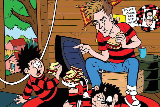 Joe Sugg with Dennis the Menace as the YouTuber and former Strictly Come Dancing star guest-edits a special Beano comic to celebrate 70 years of one of its best-loved characters (Image: Beano Studios)