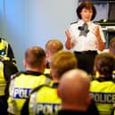Police Scotland chief constable Jo Farrell briefs officers before going out on patrol in Glasgow city centre. Photo: Jane Barlow/PA Wire