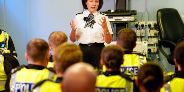 Police Scotland chief constable Jo Farrell briefs officers before going out on patrol in Glasgow city centre. Photo: Jane Barlow/PA Wire