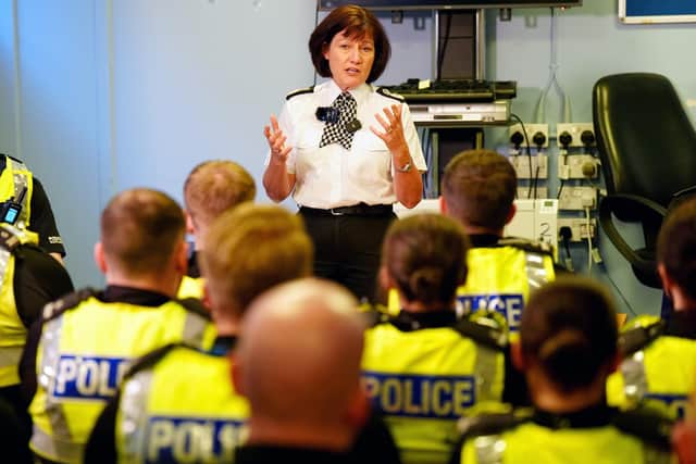 Police Scotland chief constable Jo Farrell briefs officers before going out on patrol in Glasgow city centre. Photo: Jane Barlow/PA Wire