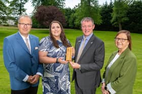 (l to r) Stuart Miller, Geospatial Lead at Fife College, Lauren Miller, Lecturer – Pathway to Healthcare & Life Sciences at Fife College, Iain Hawker, Assistant Principal – Partnerships & Enterprise at Fife College and Gillian Dobry, Academic & Quality Manager – Computing & Technologies at Fife College are pictured with the AGI Award for Geospatial Collaboration and Partnership.