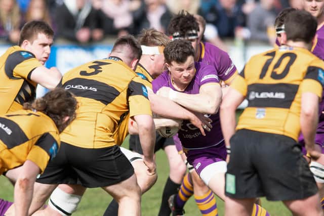 Marr's Scott Bickerstaff carries the ball during the Tennents Premiership final against Currie Chieftains at Mallery Park. (Photo by Mark Scates / SNS Group)